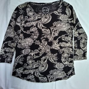 3/$60 Lucky Brand T-Shirt Women's S Curve Btm 3/4 Sleeve Blk/Wht Cotton Blnd EUC